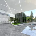 Front Desk Reception in Modern Lobby with Glass Curtain Walls Spiral Staircase Green Plants and Sofas