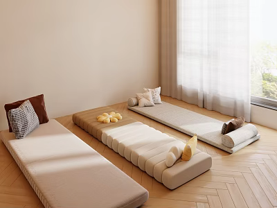 Three Tatami Mats In Cozy Room With Cushions And Wooden Herringbone Floor 3d model