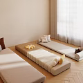 Three Tatami Mats In Cozy Room With Cushions And Wooden Herringbone Floor