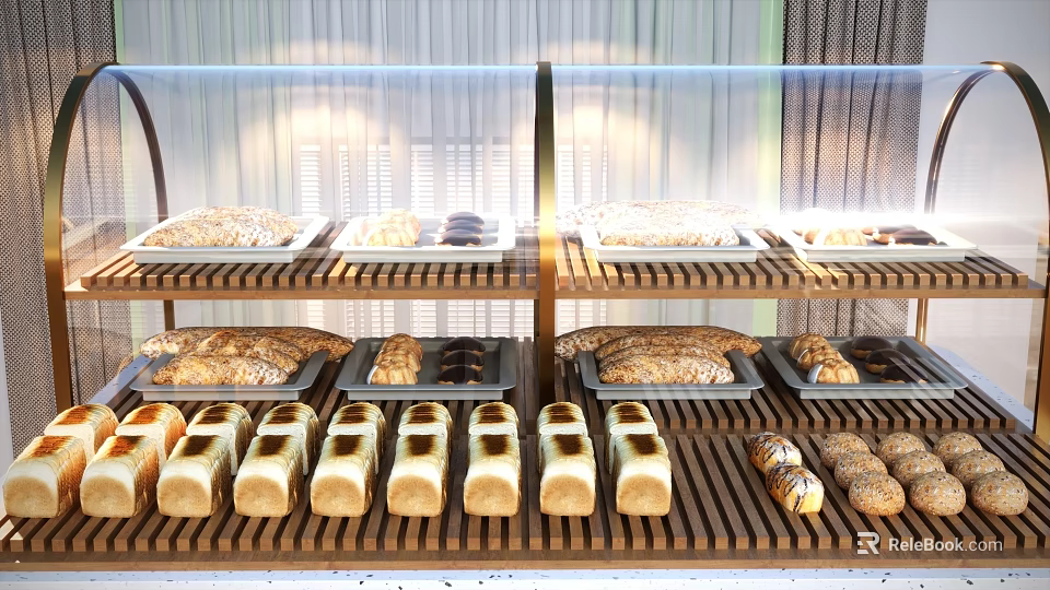 Freshly Baked Bread and Pastries Displayed on Wooden Shelves with Assorted Loaves Rolls and Treats 3d model 