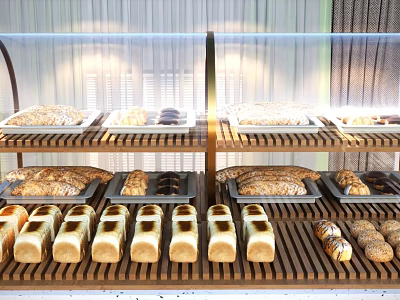 Freshly Baked Bread and Pastries Displayed on Wooden Shelves with Assorted Loaves Rolls and Treats 3d model