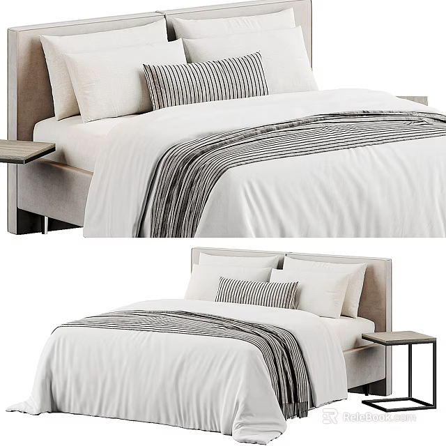 Modern Double Bed With White Bedding Striped Pillow And Wooden Nightstand 3d model 