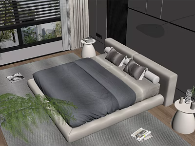 Modern Double Bed Interior With Gray Bedding Light Gray Headboard And White Nightstands 3d model