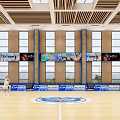 Basketball Gym Featuring Wooden Floor Players Playing Basketball Scoreboard Advertising Boards And Ceiling Design
