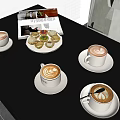 Delicious Latte Coffee With Art And Cupcakes On Dessert Stand At Table