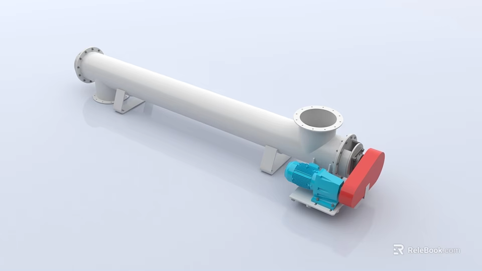 Industrial Screw Conveyor Equipment with Horizontal Conveying Tube Blue Drive Motor and Red Gearbox 3d model 