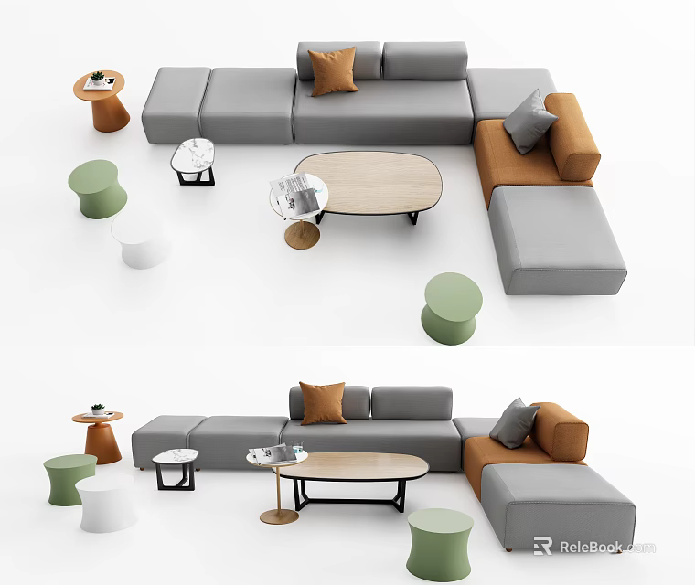 Modern Sofa and Coffee Table Set with Gray Orange Cushions Wooden Top and Metal Legs 3d model 