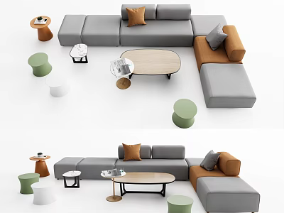Modern Sofa and Coffee Table Set with Gray Orange Cushions Wooden Top and Metal Legs 3d model
