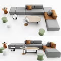 Modern Sofa and Coffee Table Set with Gray Orange Cushions Wooden Top and Metal Legs