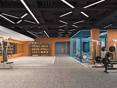 Modern Fitness Gym Interior With Orange Blue Walls Various Equipment Mirrors And Open Workout Space 3d model