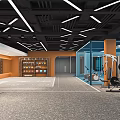Modern Fitness Gym Interior With Orange Blue Walls Various Equipment Mirrors And Open Workout Space