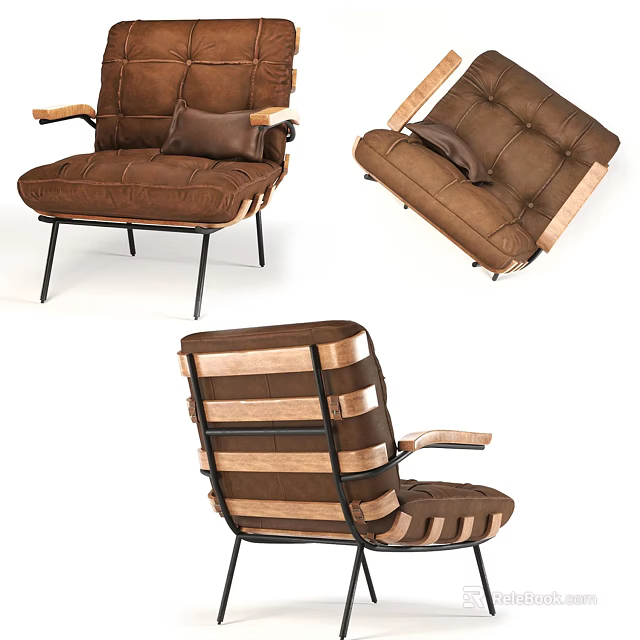 Brown Single Sofa With Tufted Backrest Padded Seat Wooden Arms And Metal Legs 3d model 