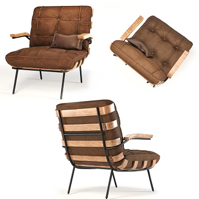 Brown Single Sofa With Tufted Backrest Padded Seat Wooden Arms And Metal Legs 3d model