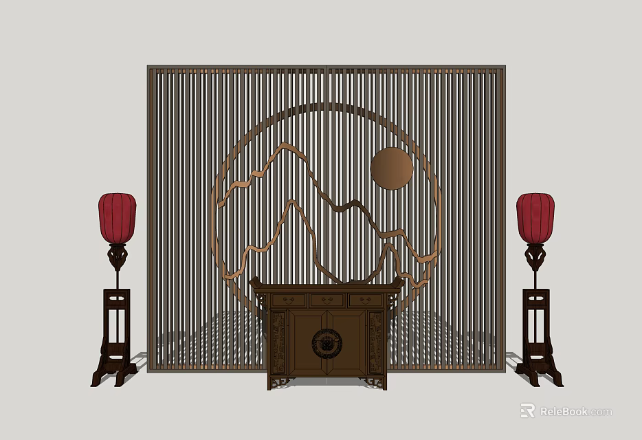 Chinese Style Entryway Console Cabinet With Side Cabinet Red Lanterns And Mountain Pattern Screen 3d model