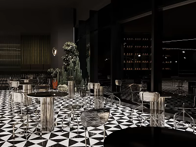 Elegant Modern Bar Interior With Checkerboard Tile Floor Metal Seating And Ambient Lighting 3d model