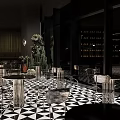 Elegant Modern Bar Interior With Checkerboard Tile Floor Metal Seating And Ambient Lighting