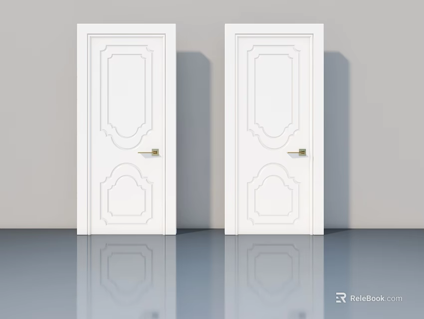 White Hinged Doors Featuring Carved Panel Design And Golden Handles For Home Interior 3d model 