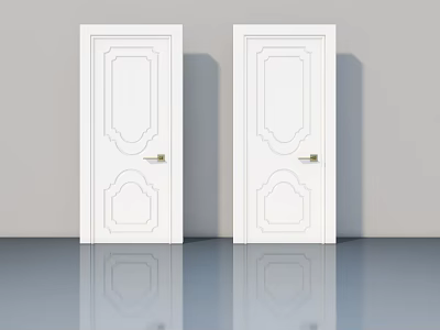White Hinged Doors Featuring Carved Panel Design And Golden Handles For Home Interior 3d model