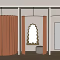 Stylish Clothing Store Fitting Rooms with Curtains Mirrors Potted Plant and Wooden Floor