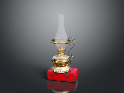 Vintage Oil Lamp With Red Base Golden Parts And Glass Shade 3d model