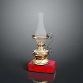 Vintage Oil Lamp With Red Base Golden Parts And Glass Shade