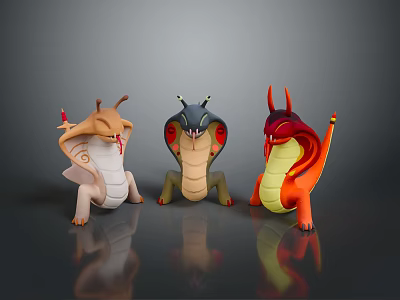 Colorful Cartoon Mythical Creature Characters With Beige Blue Red Bodies Horns And Different Poses 3d model