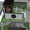 Courtyard Garden Entrance With Black Gateway Stone Pathway Green Shrubs And Circular Lights