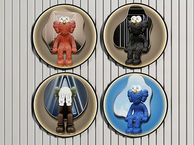 Four Round Frame Paintings With Cartoon Dolls Red Black Brown Blue And Striped Wall Background 3d model