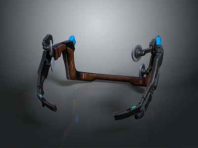 Black And Brown Mechanical Device With Blue Glowing Parts And Curved Metal Structure 3d model