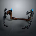 Black And Brown Mechanical Device With Blue Glowing Parts And Curved Metal Structure