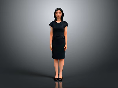 Elegant Woman In Black Dress Standing Against Gray Background With Confident Pose And Heels 3d model