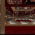 Traditional Style Commercial Street With Hanging Lanterns And Red Counter Food Stalls