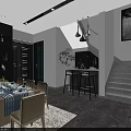 Wooden Dining Table Set With Six Beige Chairs Tablecloth Dishes Plant Vase And Window Cabinet