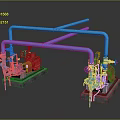 Industrial Pipeline Equipment With Blue Pipes Red Pumps And Valves On Concrete Bases