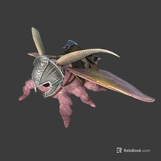 Rider On Fantasy Horned Creature With Armored Head Pink Body And Large Wings 3d model 