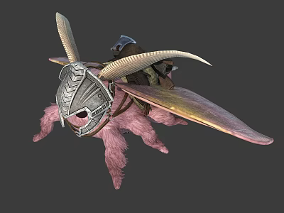 Rider On Fantasy Horned Creature With Armored Head Pink Body And Large Wings 3d model