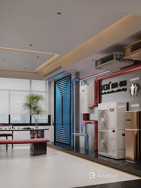 Industrial Interior Design With HVAC Units Red Blue Pipes Blue Grille And Plants 3d model 