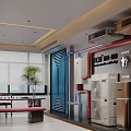 Industrial Interior Design With HVAC Units Red Blue Pipes Blue Grille And Plants