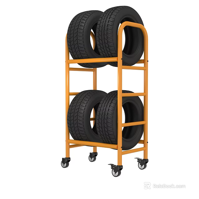 Orange Two Tier Mobile Storage Shelf With Wheels For Storing Heavy Duty Tires 3d model 