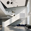 Modern Car 4S Store Interior With Spacious White Staircase Black Seats Large Windows Round Pendant Lights