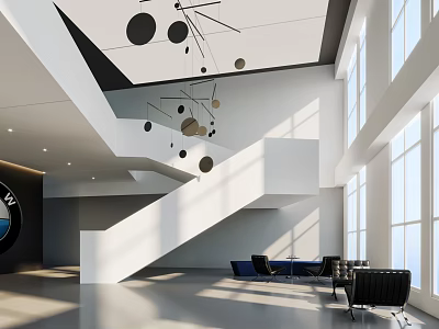 Modern Car 4S Store Interior With Spacious White Staircase Black Seats Large Windows Round Pendant Lights 3d model