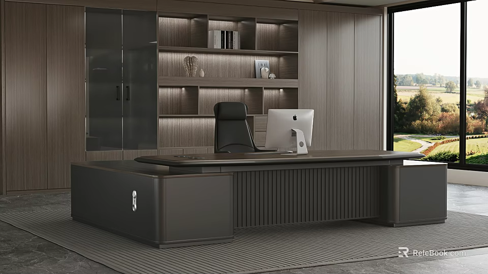Luxury Modern Executive Office With Large Boss Desk Leather Chair And Full Wall Storage Cabinets 3d model 