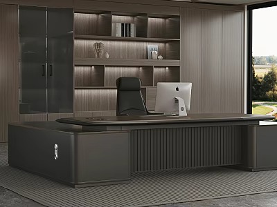Luxury Modern Executive Office With Large Boss Desk Leather Chair And Full Wall Storage Cabinets 3d model