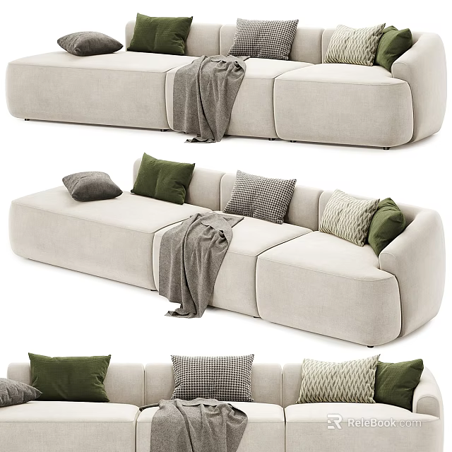 Light Beige Sectional Sofa With Green Checkered Pillows And Gray Throw Blanket 3d model 