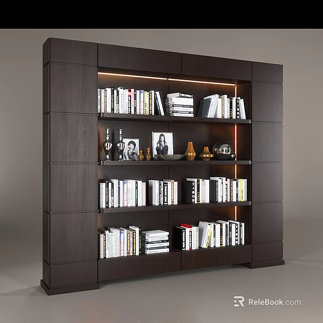 Modern Dark Wood Bookcase With Illuminated Shelves Filled With Books And Decor 3d model 