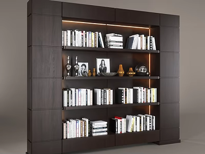 Modern Dark Wood Bookcase With Illuminated Shelves Filled With Books And Decor 3d model