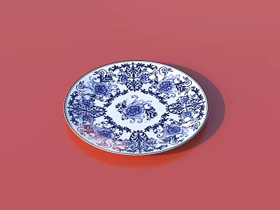 Elegant Dinnerware Set Ceramic Plate with Blue and White Floral Pattern on Red Background 3d model