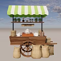 Wooden Coffee Cart with Green and White Striped Awning Wheels Coffee Items and Sacks