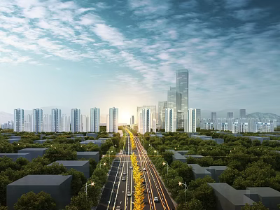 Aerial Urban Planning Design With Skyscrapers Road Networks Green Spaces And Sunlit Skyline 3d model