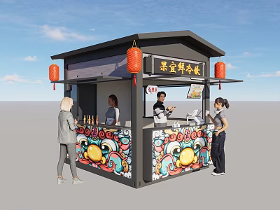Chinese Style Pavilion Food Stall With Red Lanterns And Colorful Decorations For People Buying Food 3d model